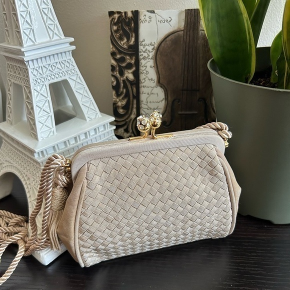 👛 VANESSA Vintage Clutch Small Bag Beige Gold Rhinestone Shoulder Strap Tassels
